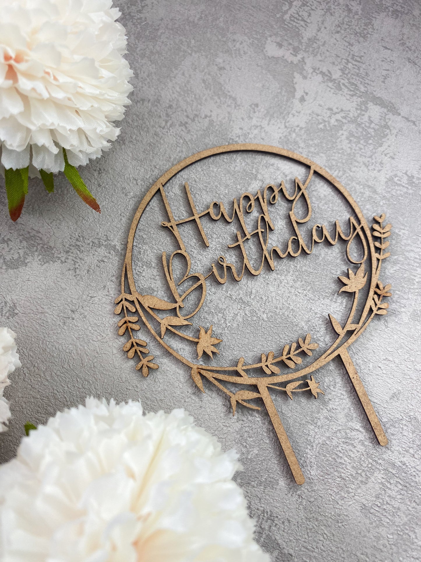 Floral Cake Topper | Birthday Topper | Wooden Cake Topper | Happy Birthday | Wreath | Floral Cake Topper | Rustic Cake Topper
